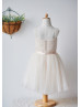 Champagne Pleated Tulle V Neck Short Flower Girl Dress